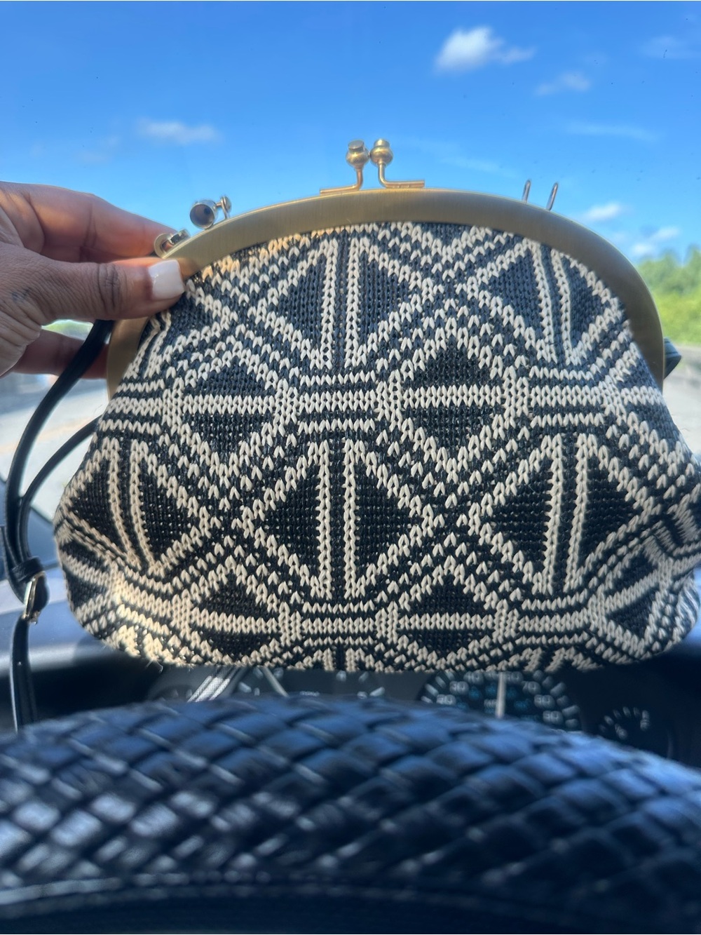 Patricia Nash Black & Cream Geometric Knit Frame Crossbody Bag